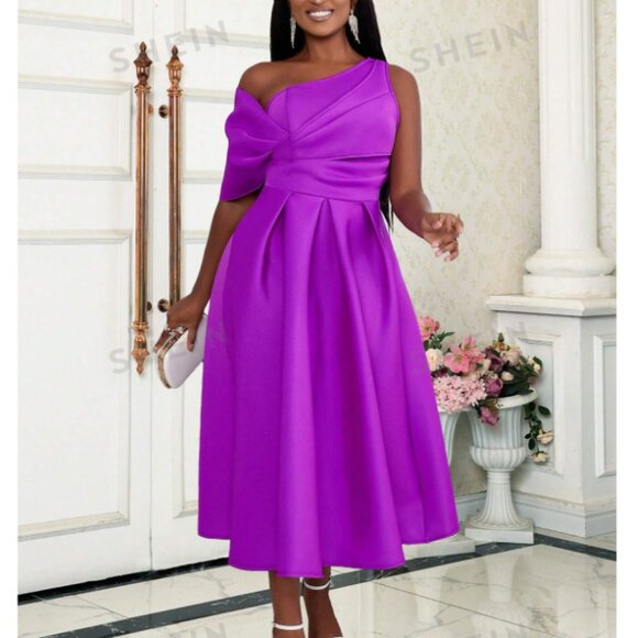 Elegant Purple Satin One-Shoulder Dress with Bow Detail Back Zipper Plus Size - Picture 1 of 6